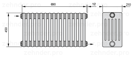 Схема (чертеж) Радиатор Zehnder Charleston 6045/15 №1670 Белый глянцевый RAL 9016